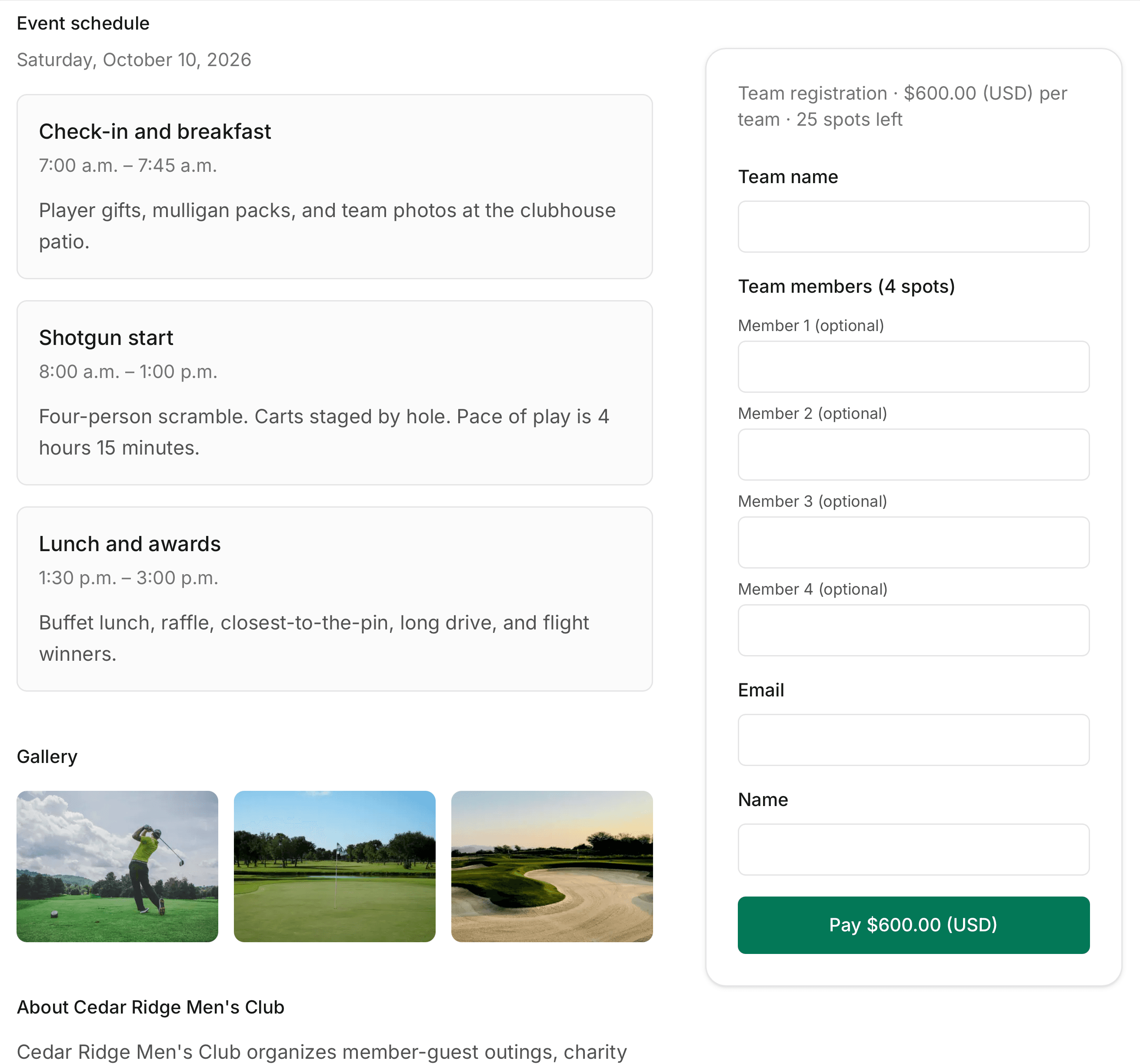 Event schedule, gallery, and Pay button on the Cedar Ridge registration page