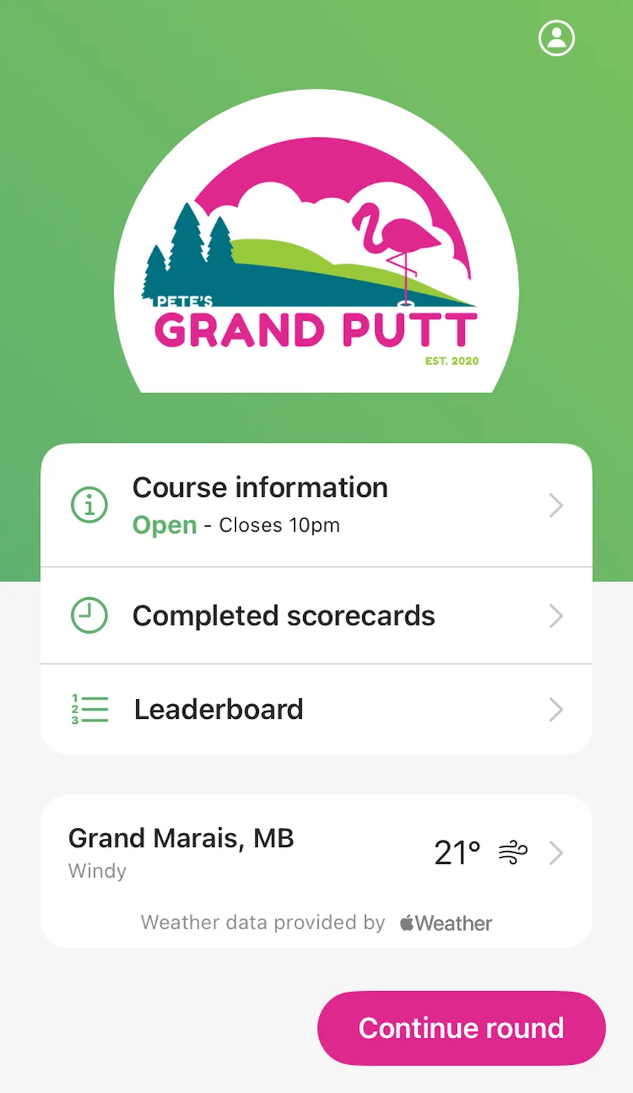 Pete's Grand Putt home screen with the course logo, leaderboard, and continue round