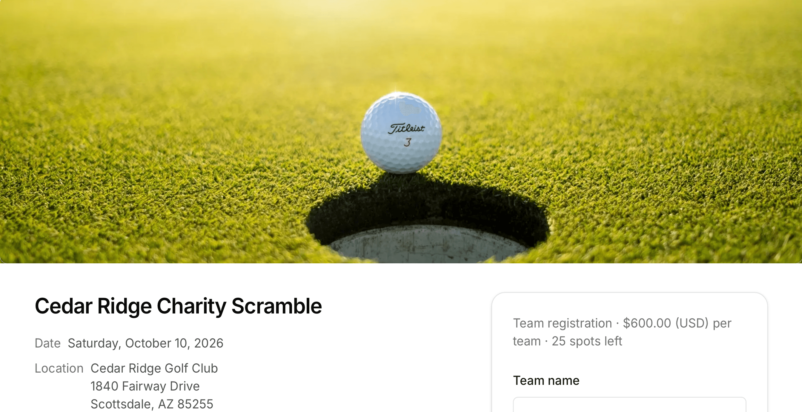 Public Cobro Pay page for Cedar Ridge Charity Scramble with team registration