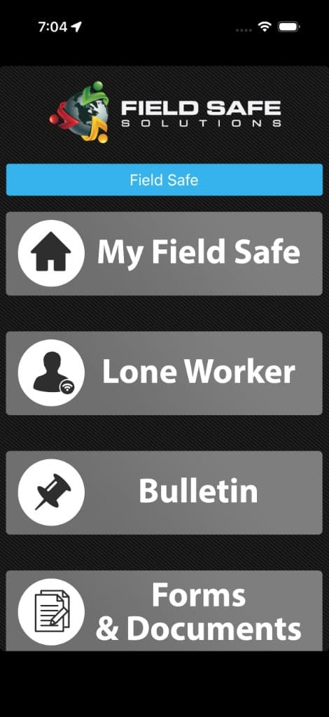 FieldSafe home screen with Lone Worker, bulletin, and forms
